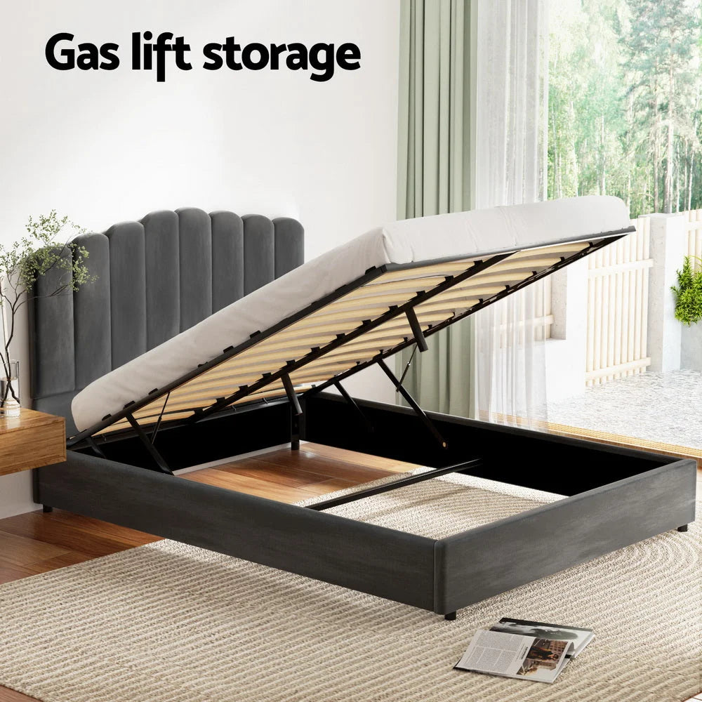 Artiss Bed Frame Queen Size Velvet Grey FION - Furniture >