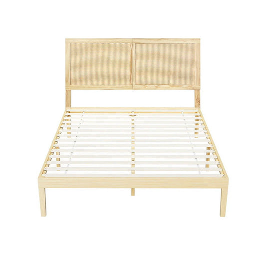 Artiss Bed Frame Queen Size with Rattan Headboard Wooden