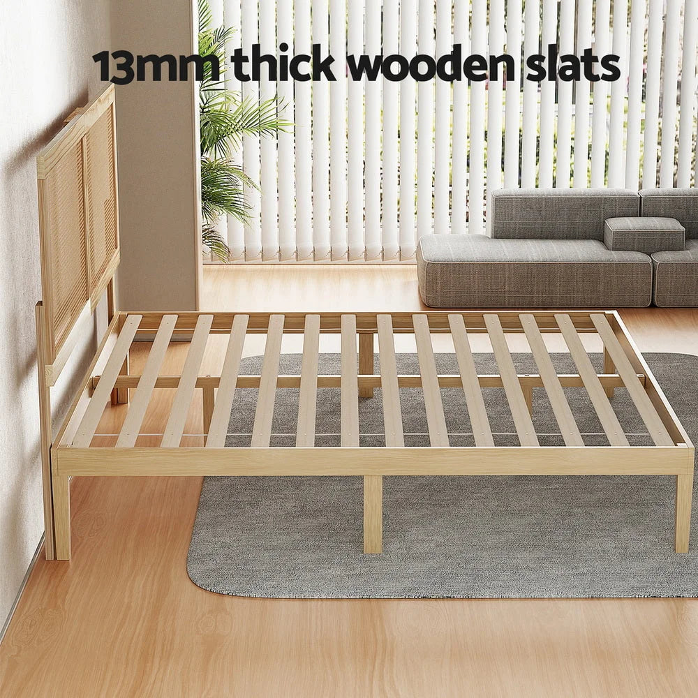 Artiss Bed Frame Queen Size with Rattan Headboard Wooden