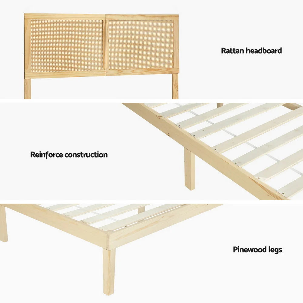 Artiss Bed Frame Queen Size with Rattan Headboard Wooden