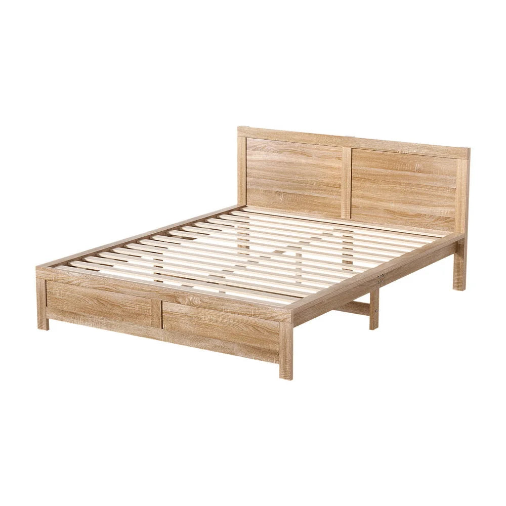 Wooden bed queen size with slatted mattress support and headboard