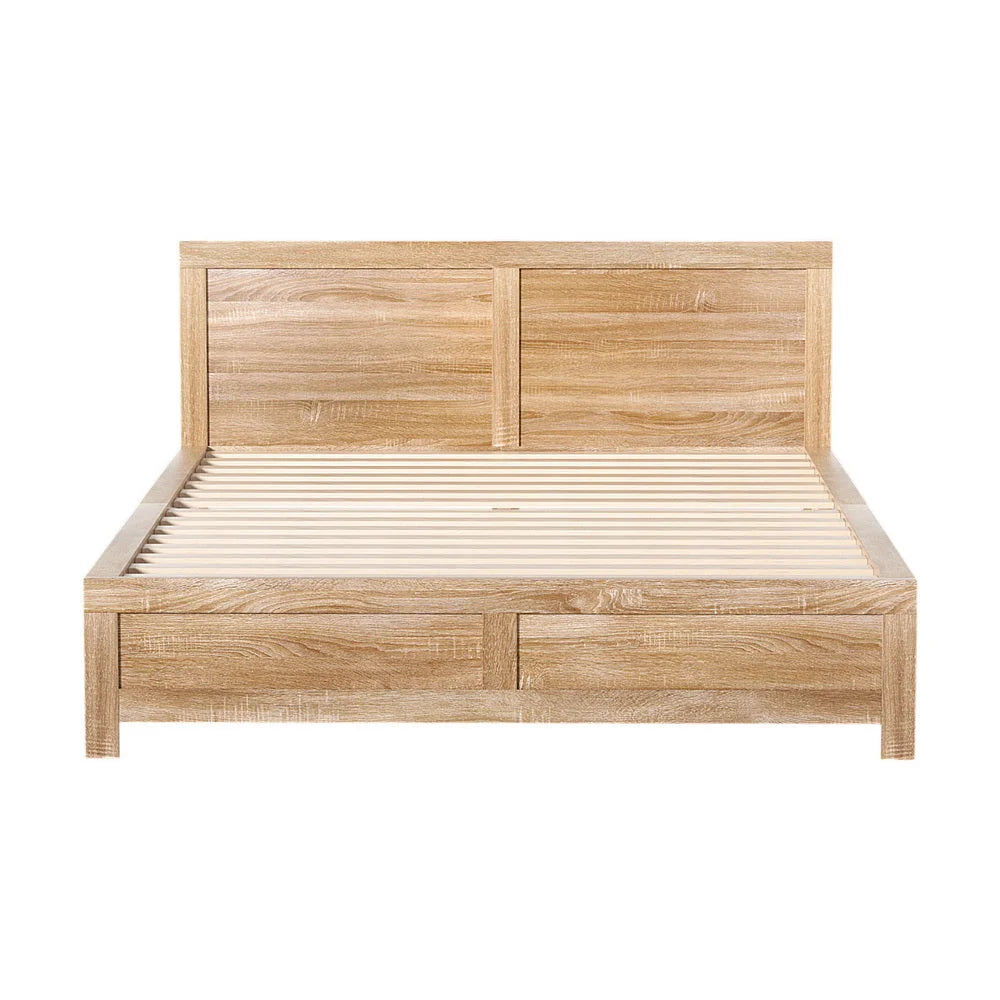 Wooden bed queen size with side rails and bedroom frame details