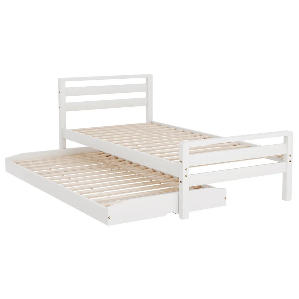 Artiss Bed Frame Single Size 2-in-1 Trundle Wooden White