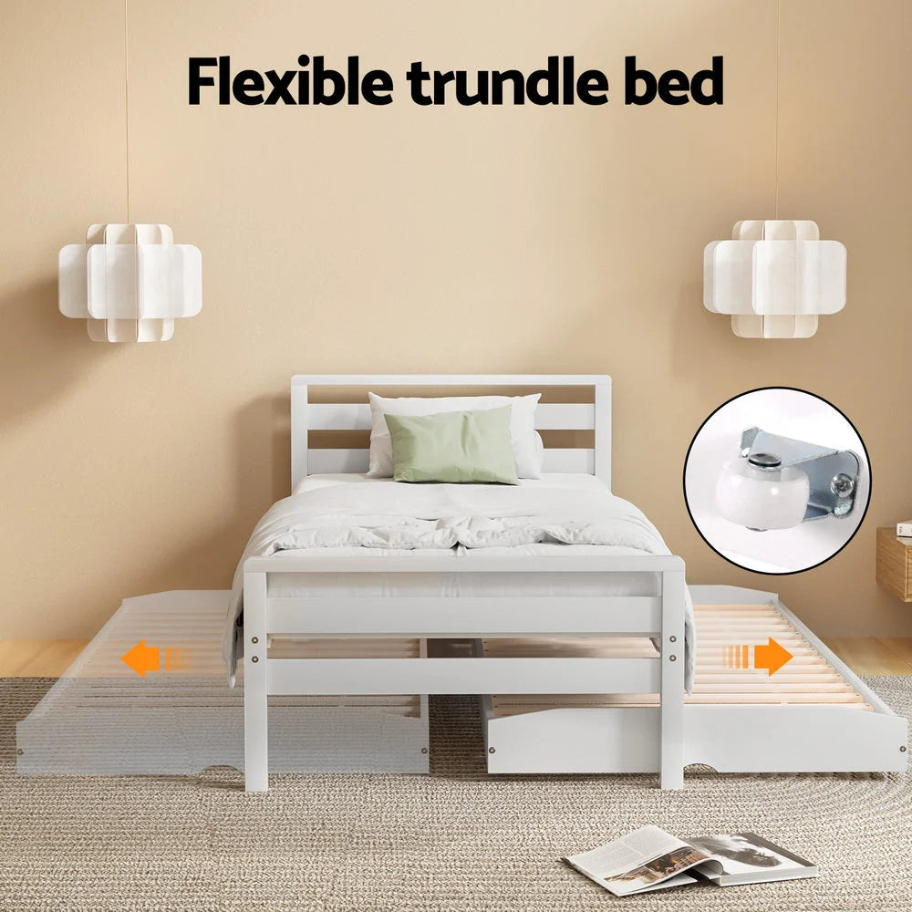 Artiss Bed Frame Single Size 2-in-1 Trundle Wooden White