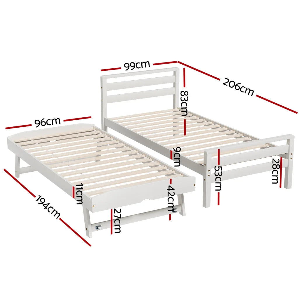 Artiss Bed Frame Single Size 2-in-1 Trundle Wooden White