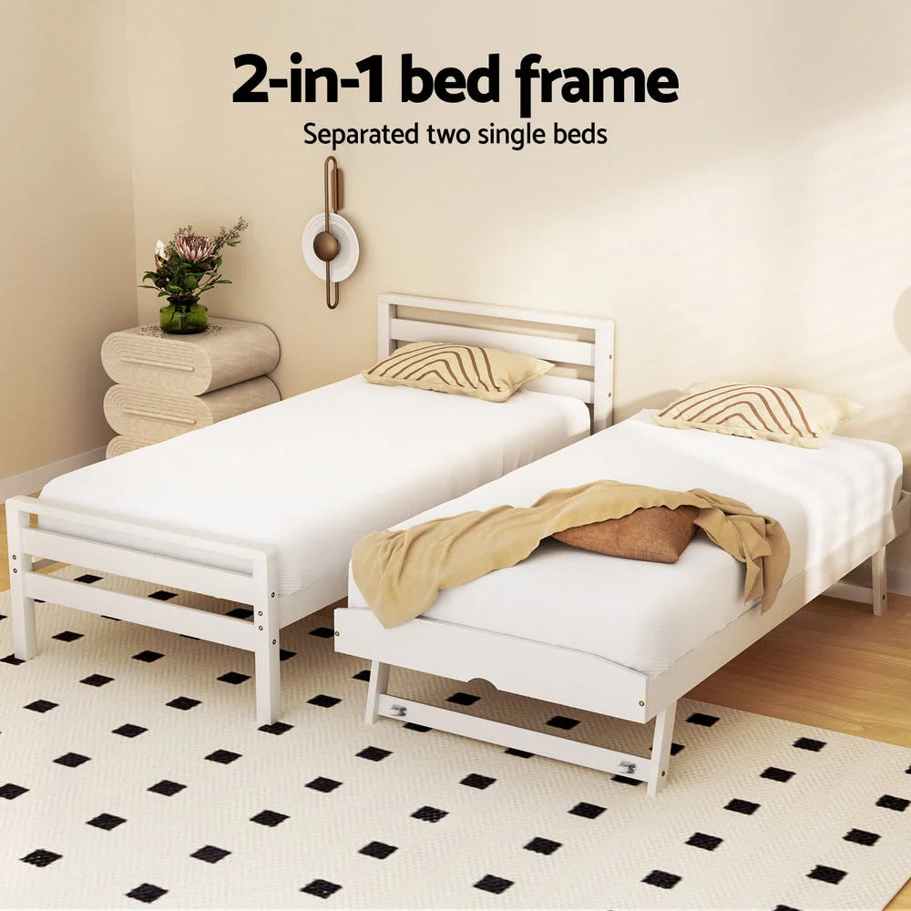Artiss Bed Frame Single Size 2-in-1 Trundle Wooden White