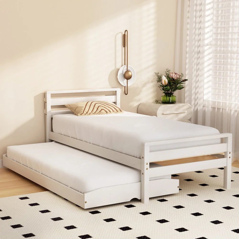 Artiss Bed Frame Single Size 2-in-1 Trundle Wooden White