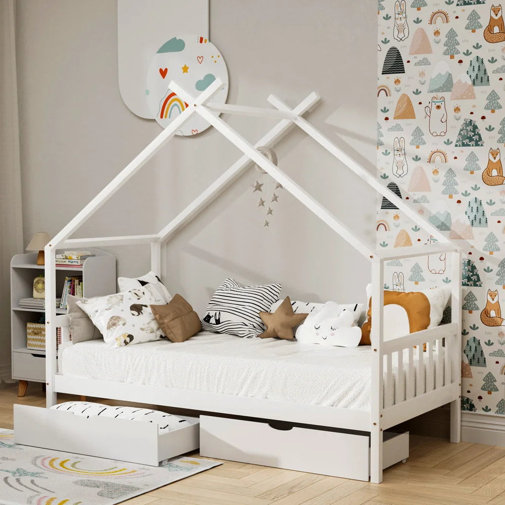 Artiss Bed Frame Wooden Base Kids Single Timber House
