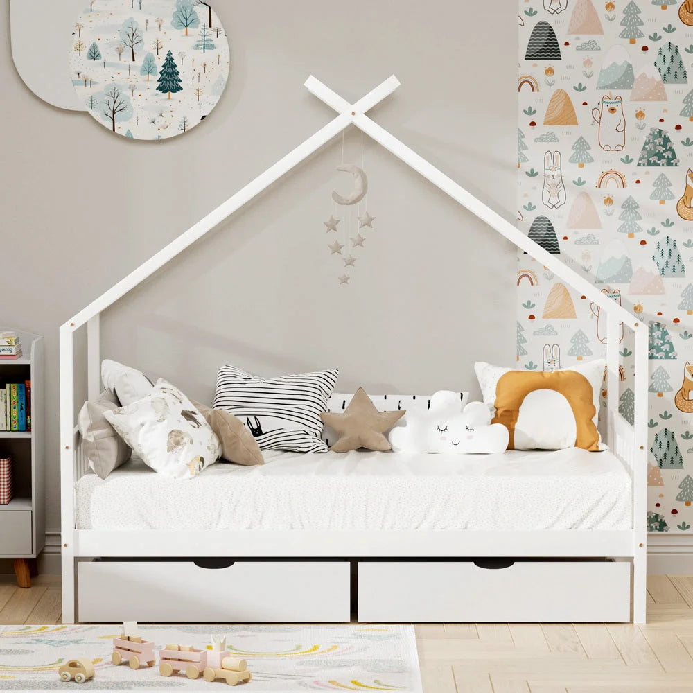 Artiss Bed Frame Wooden Base Kids Single Timber House