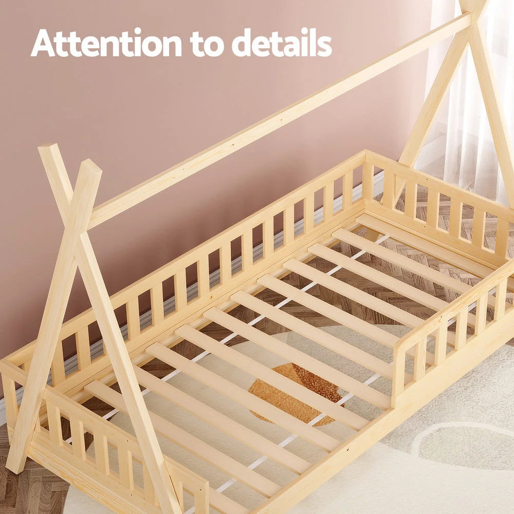 Bed house frames with material finish and practical fittings