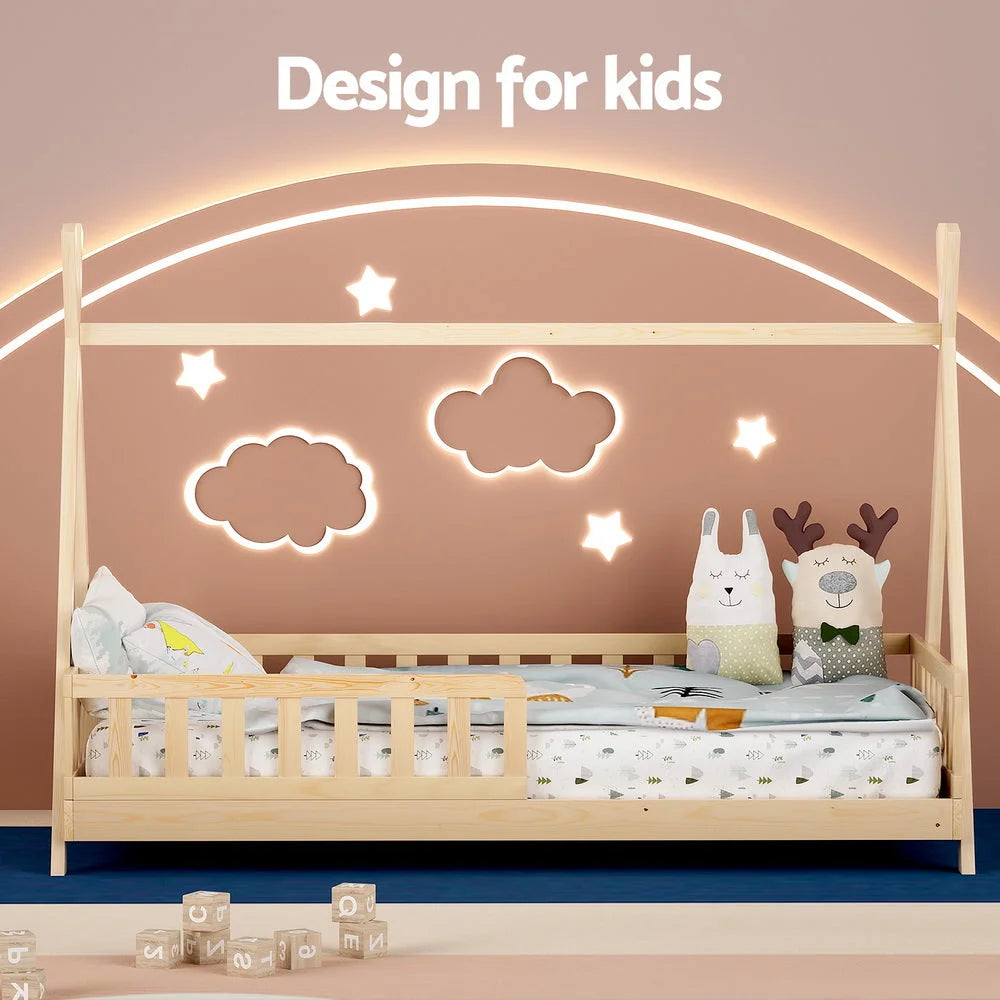 Wooden bed house frames with fitted edges and product hardware