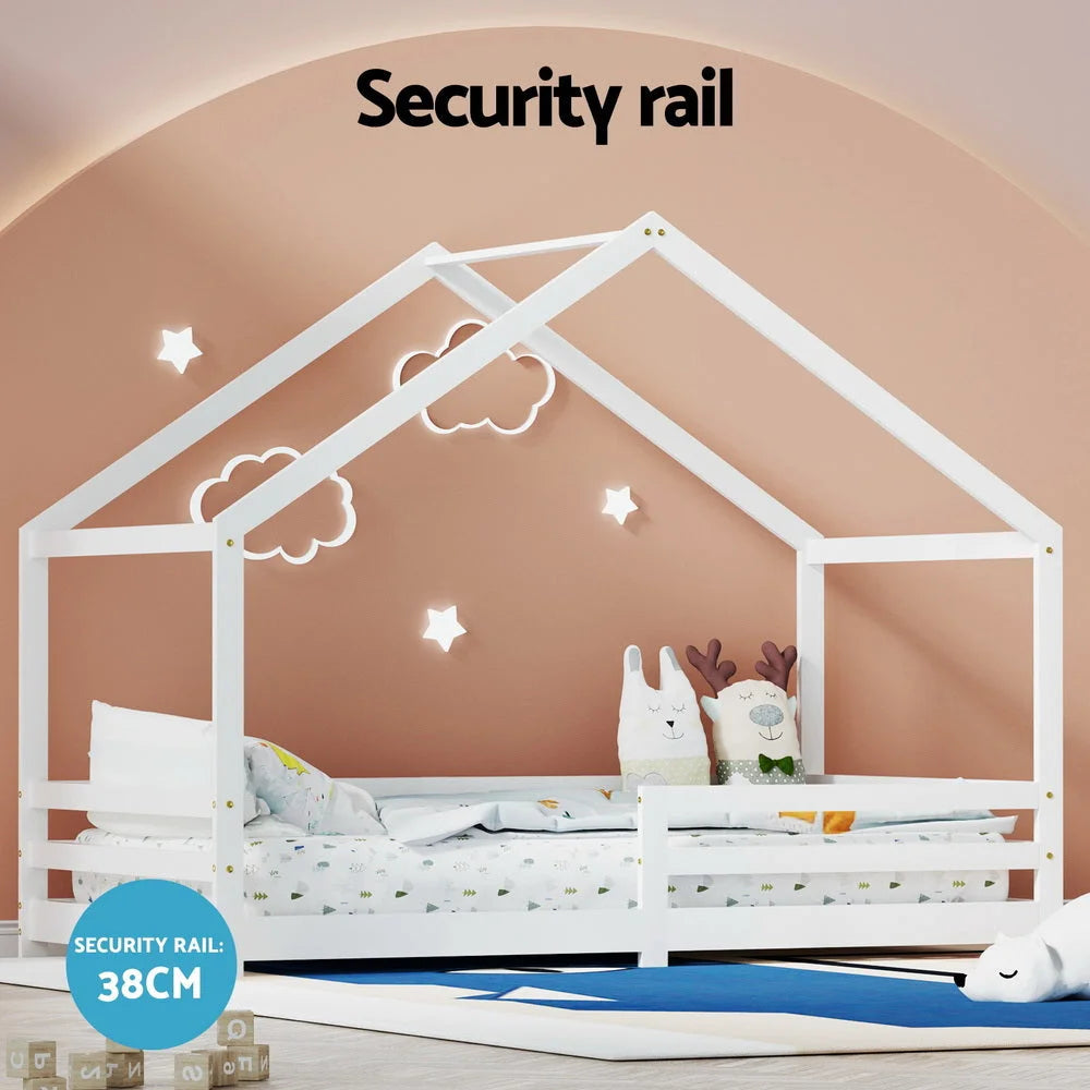 Artiss Bed Frame Wooden Kids Single House Frame White AMOS