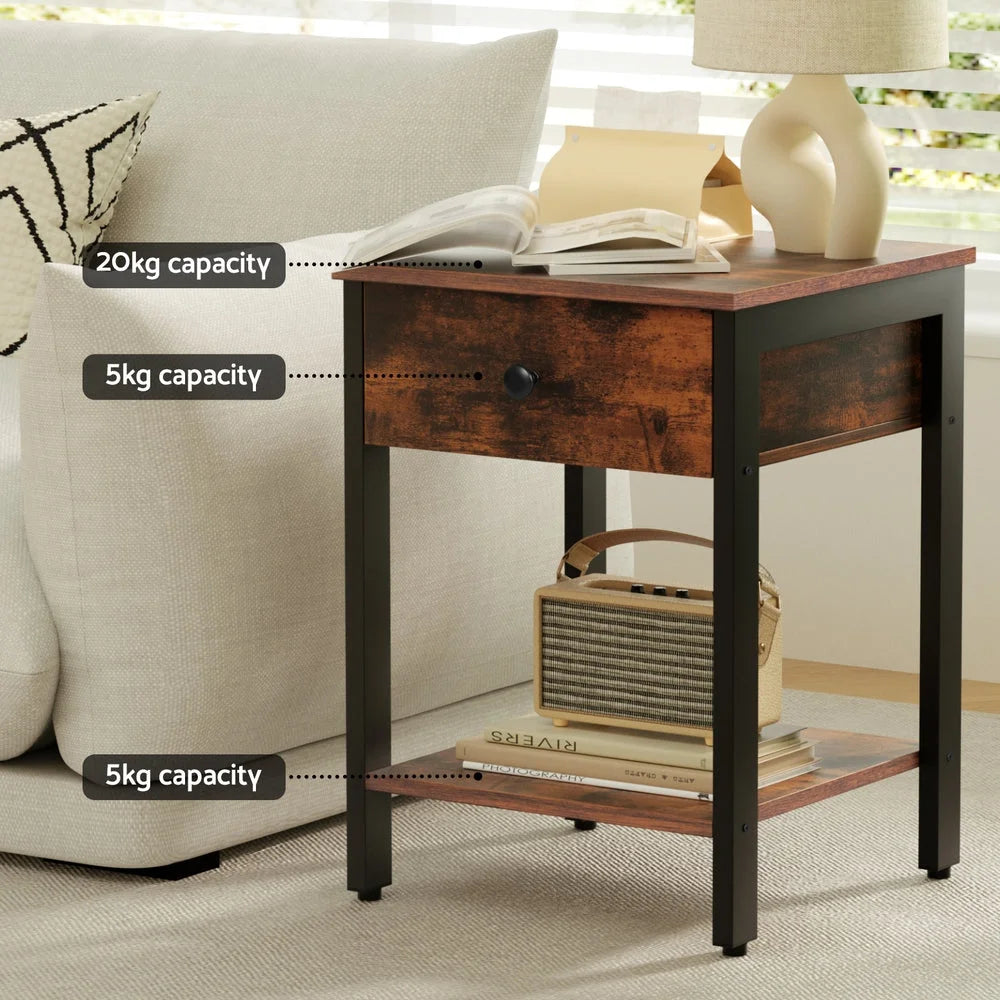 Artiss Bedside Table Nightstand 1 Drawer Shelves Walnut