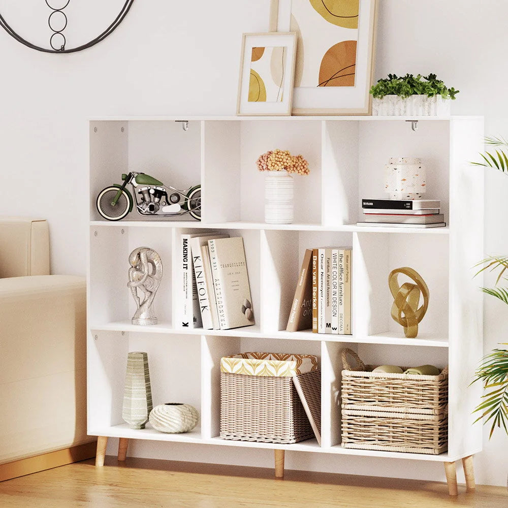 White bookshelf with tiers cubes cora living
