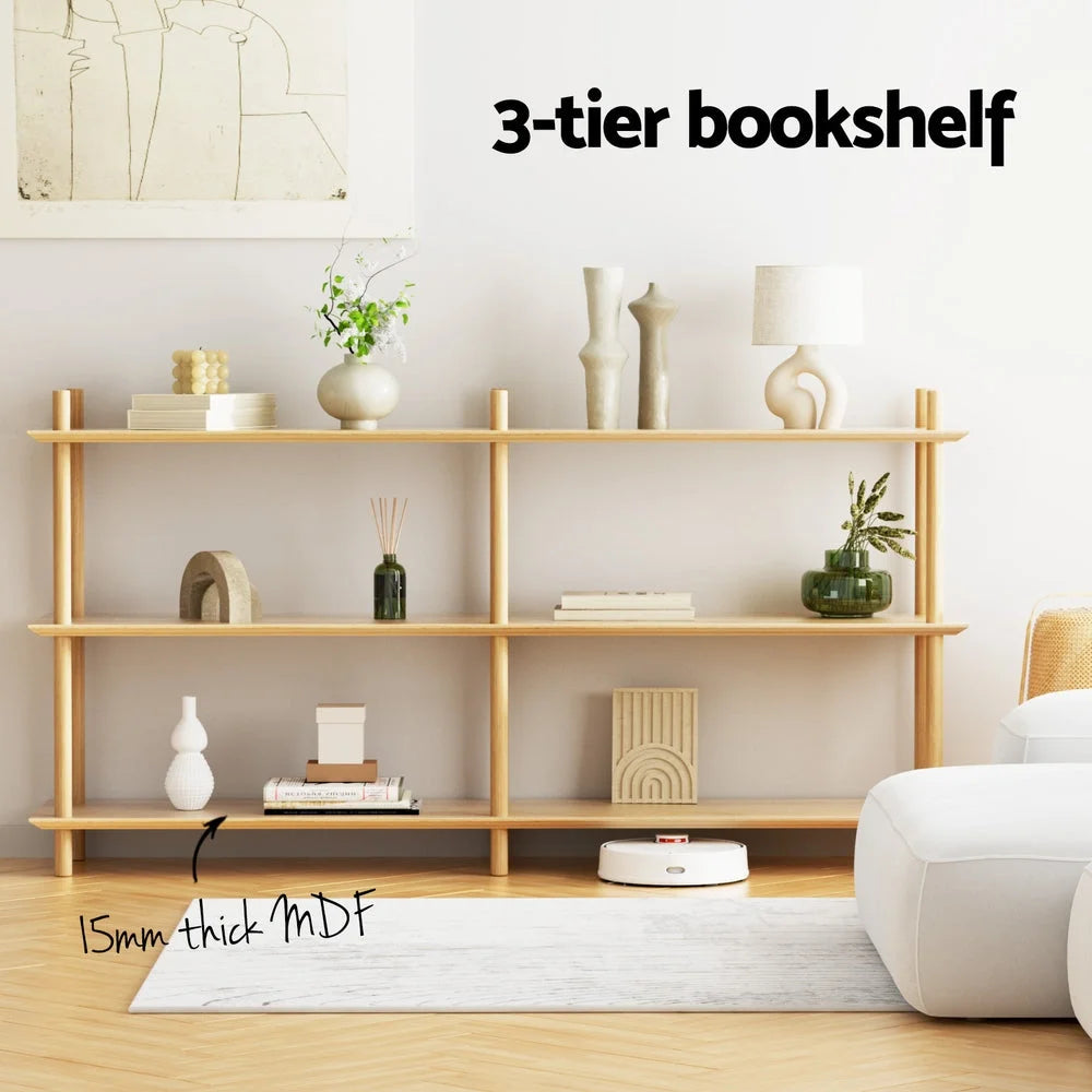 Wooden bookcase shelf with display shelves and wooden upright frame