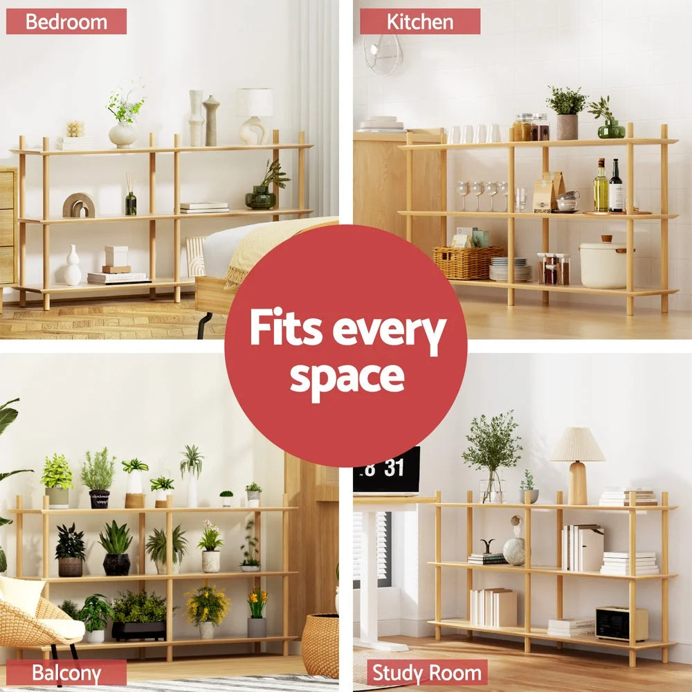 Wooden bookcase shelf with tall bookcase levels and side panels