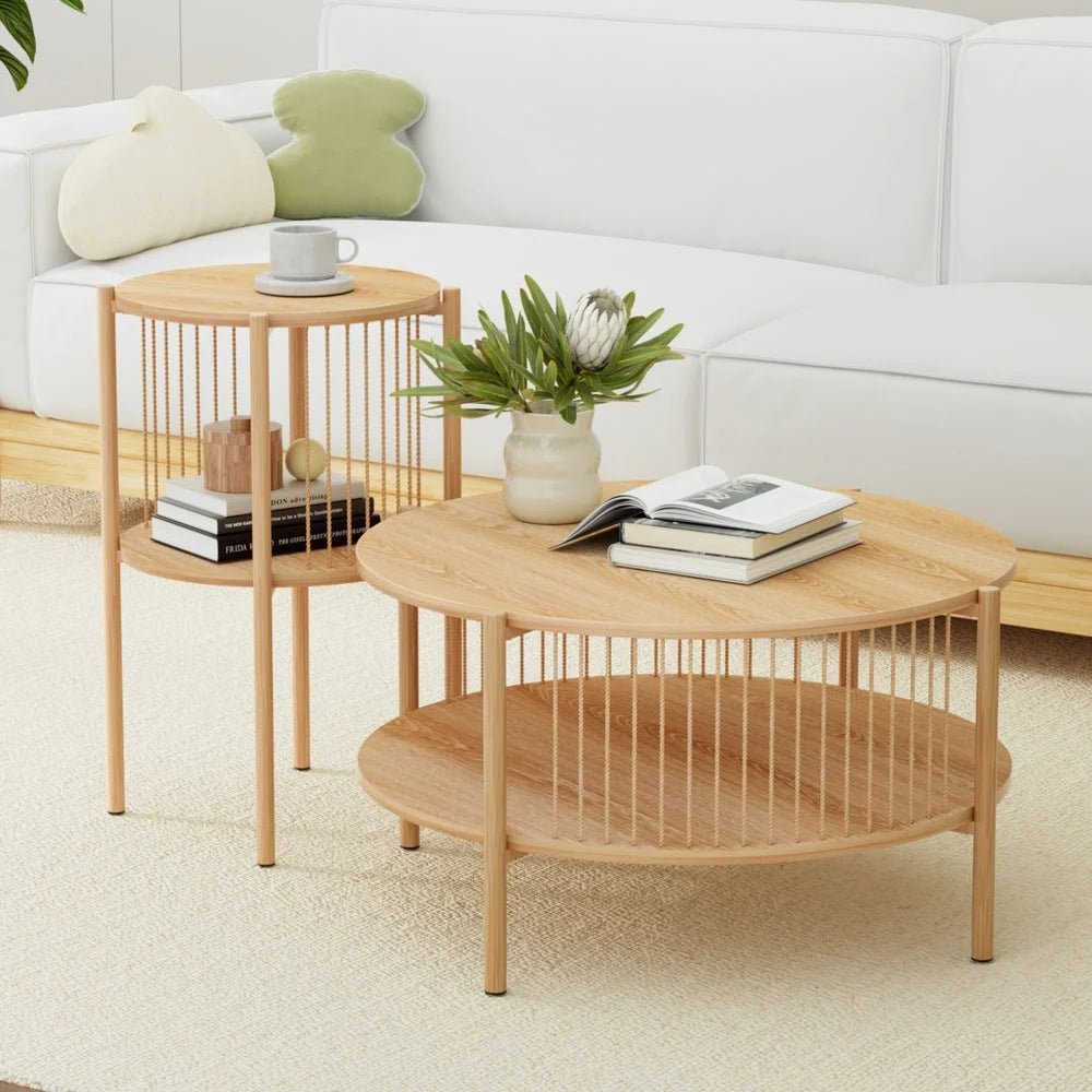Artiss Coffee Table 2-Tier Round Wood - Furniture > Living