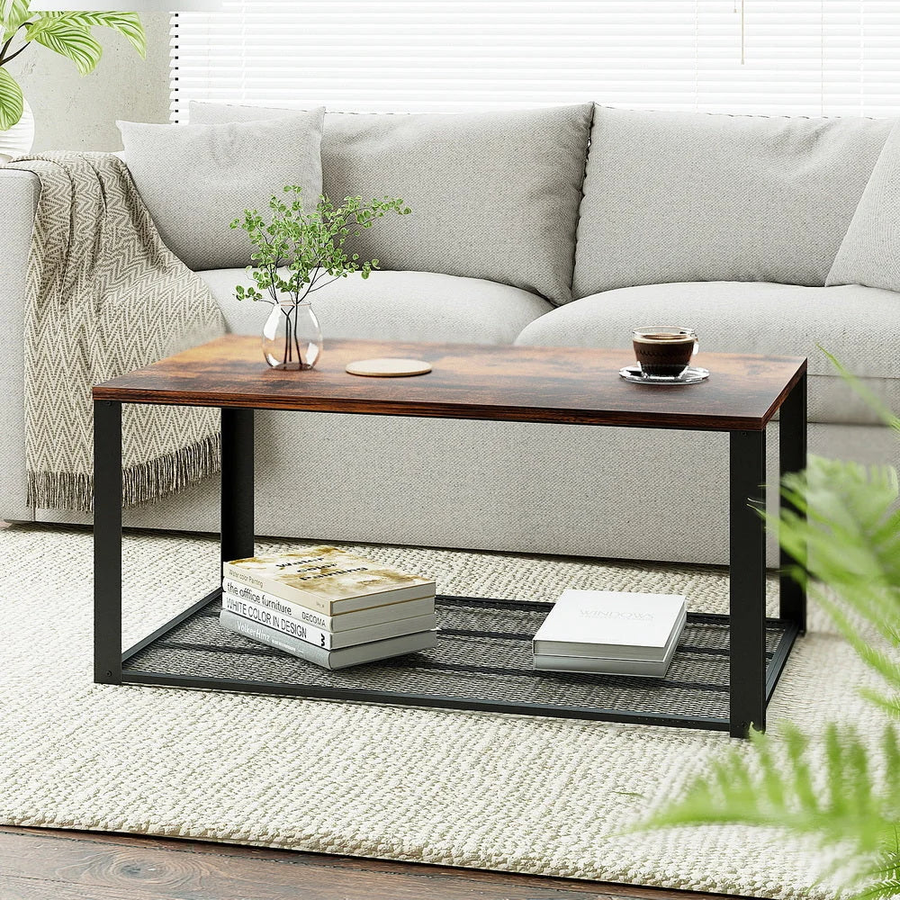Artiss Coffee Table 2-Tier Rustic Brown 104CM - Furniture >