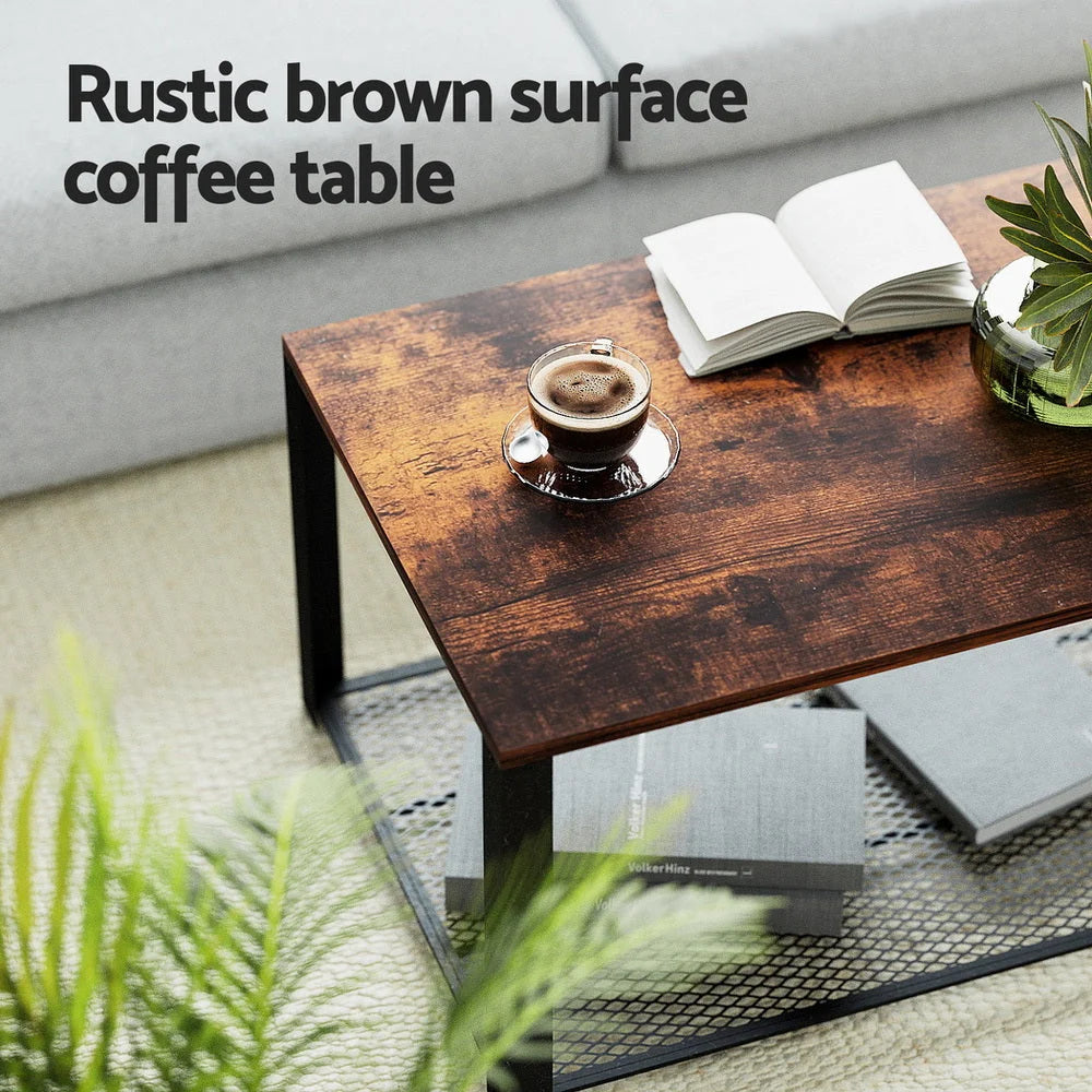 Artiss Coffee Table 2-Tier Rustic Brown 104CM - Furniture >