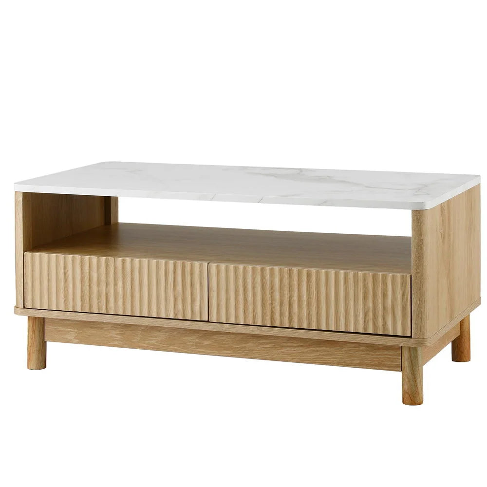 White wood table with coffee drawer shelf marble