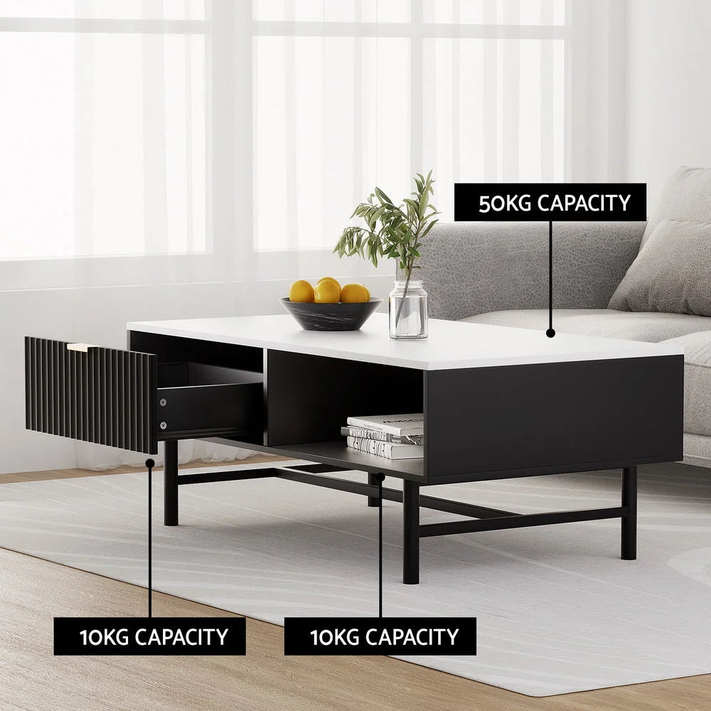 Artiss Coffee Table Drawer Storage Shelf Black - Furniture