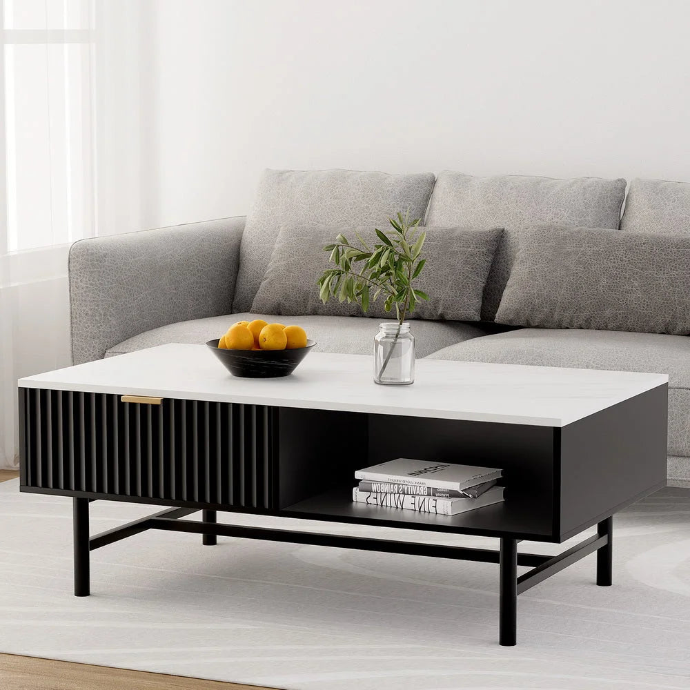 Black table with coffee drawer storage shelf