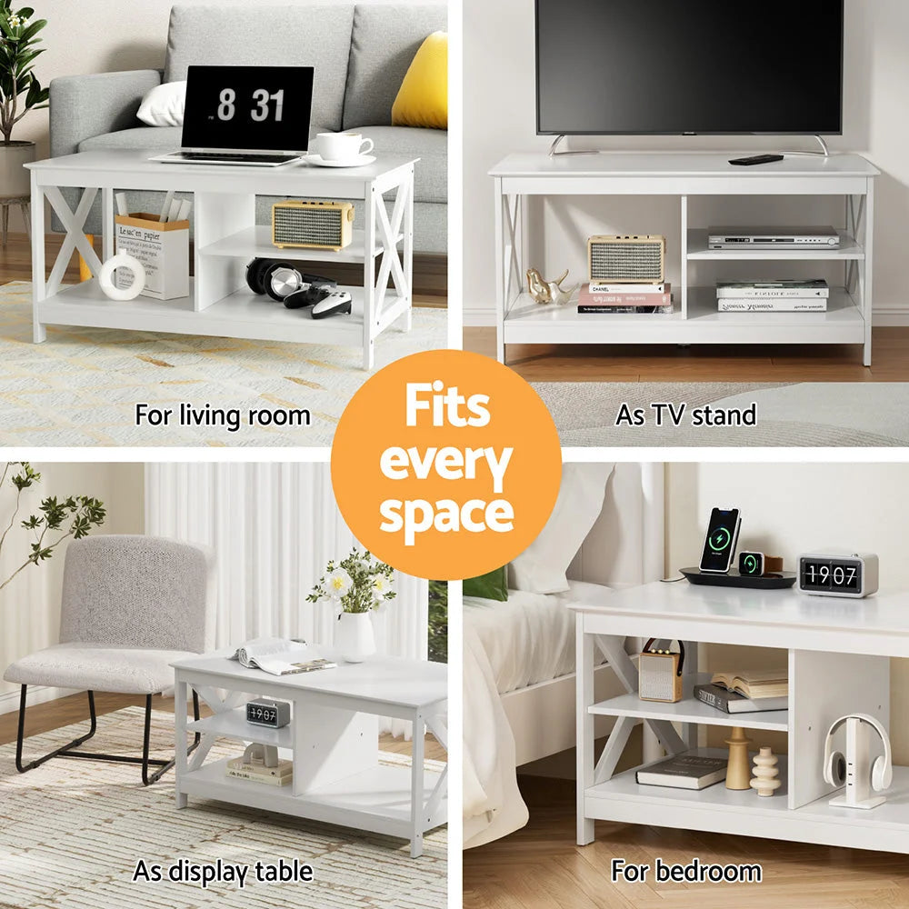 Artiss Coffee Table Storage Shelf White - Furniture >