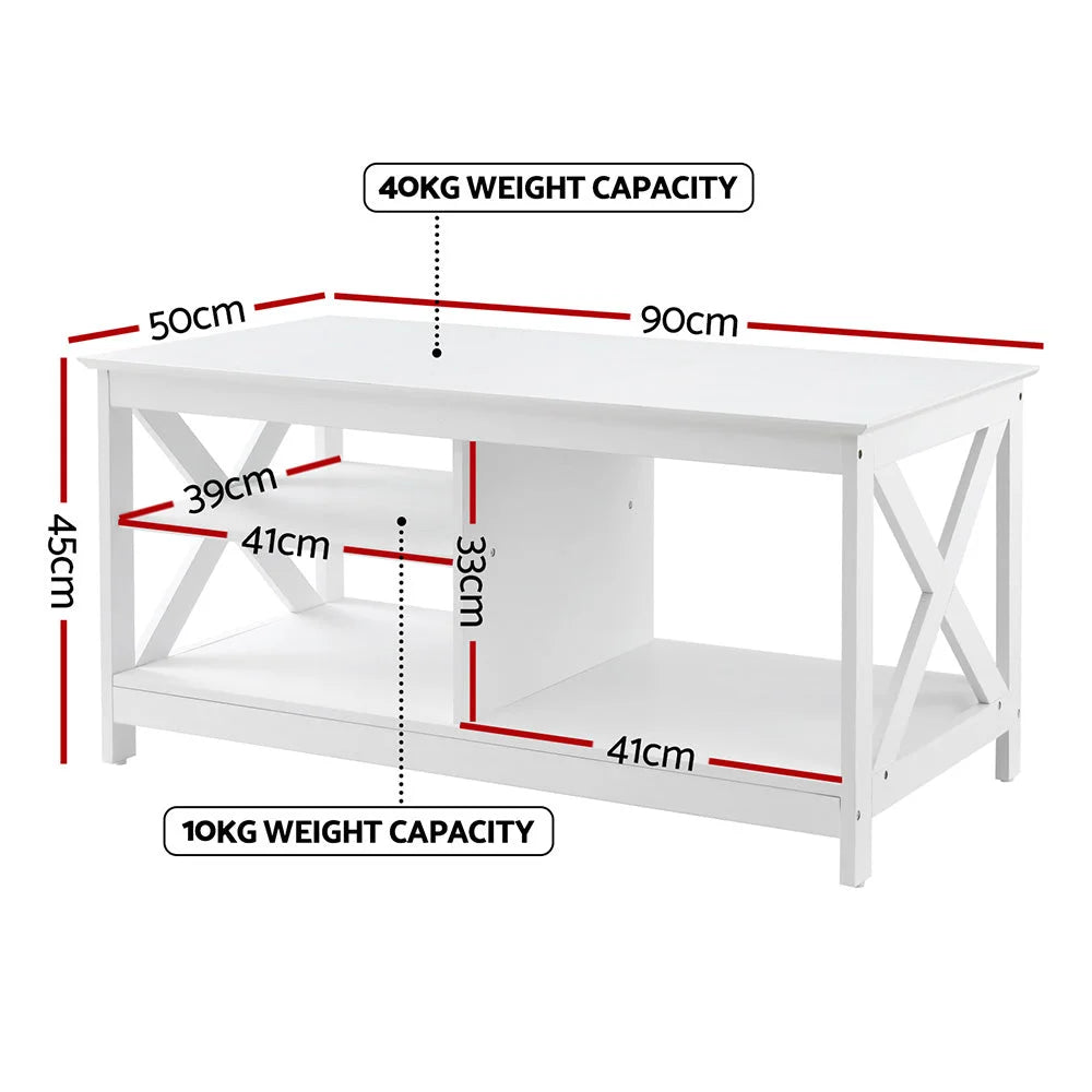Artiss Coffee Table Storage Shelf White - Furniture >