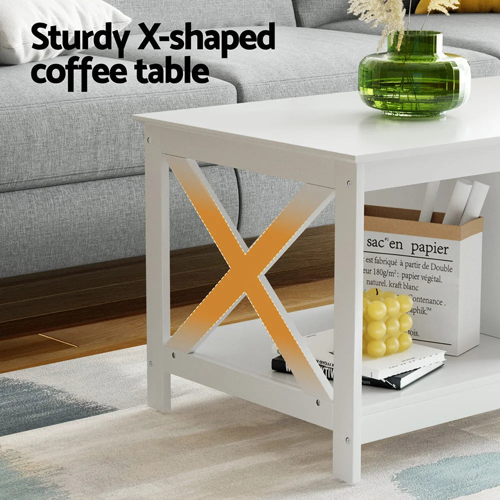 Artiss Coffee Table Storage Shelf White - Furniture >
