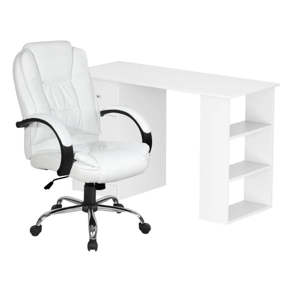 White leather 120cm office chair with computer desk PU high