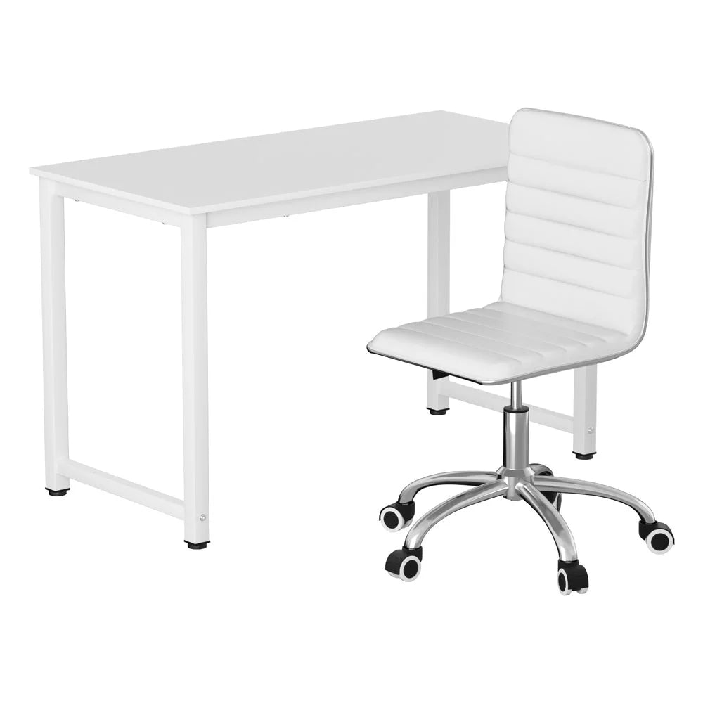 White leather 120cm home office desk with tabletop and metal support frame