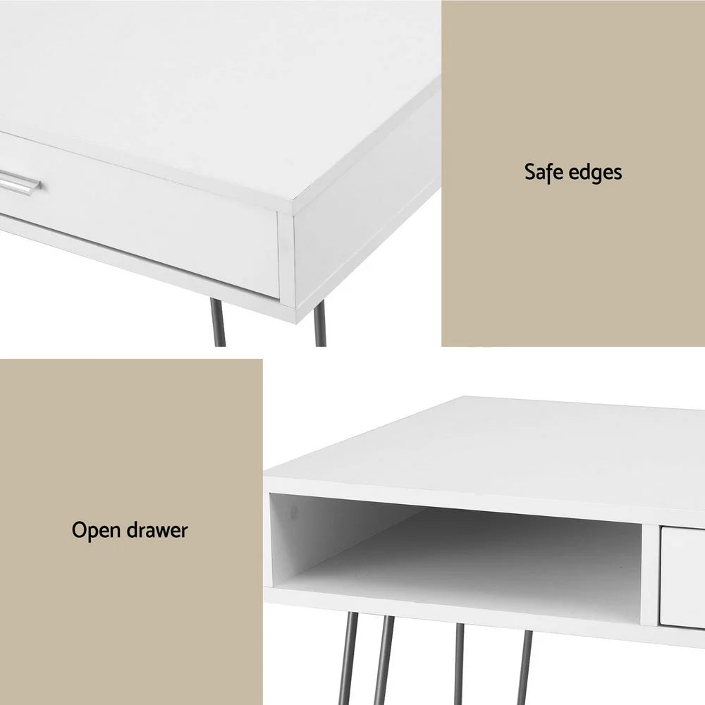 White 100cm home office desk with tabletop and metal support frame