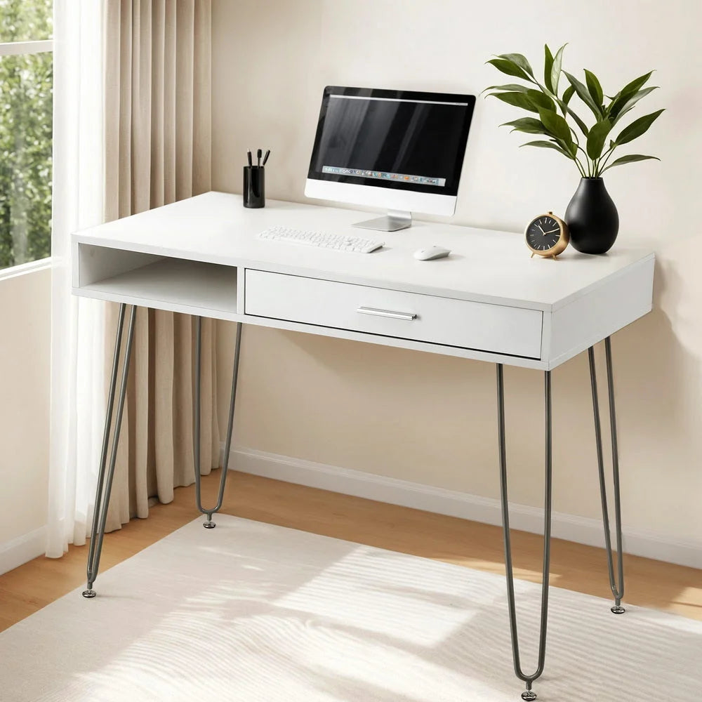 White 100cm desk with lower support frame and fitted legs