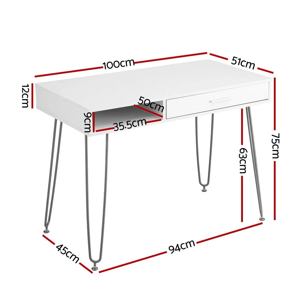 White 100cm desk with tabletop and support frame