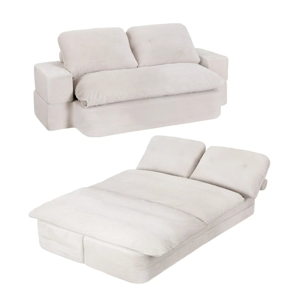Convertible folding sofa with storage shelves and support legs