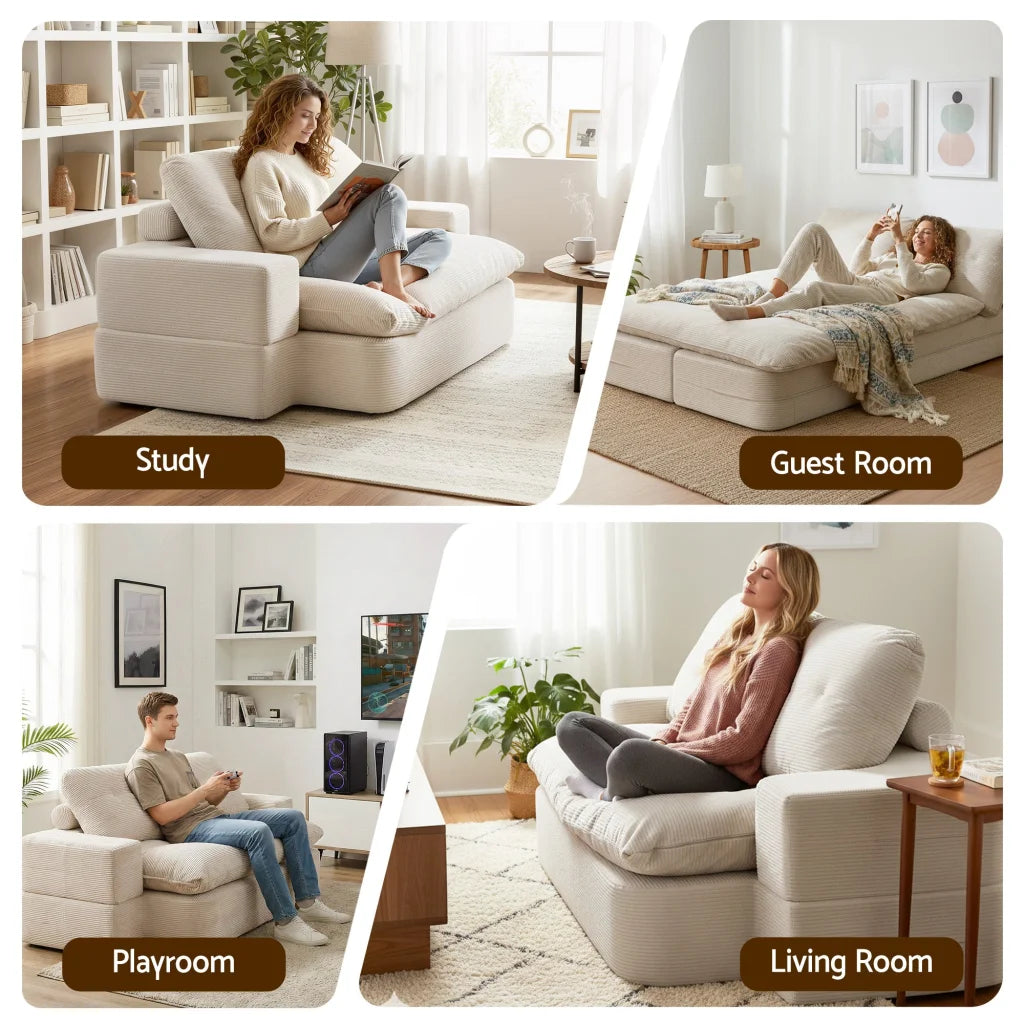 Convertible folding sofa with handles, panels and accessory pieces