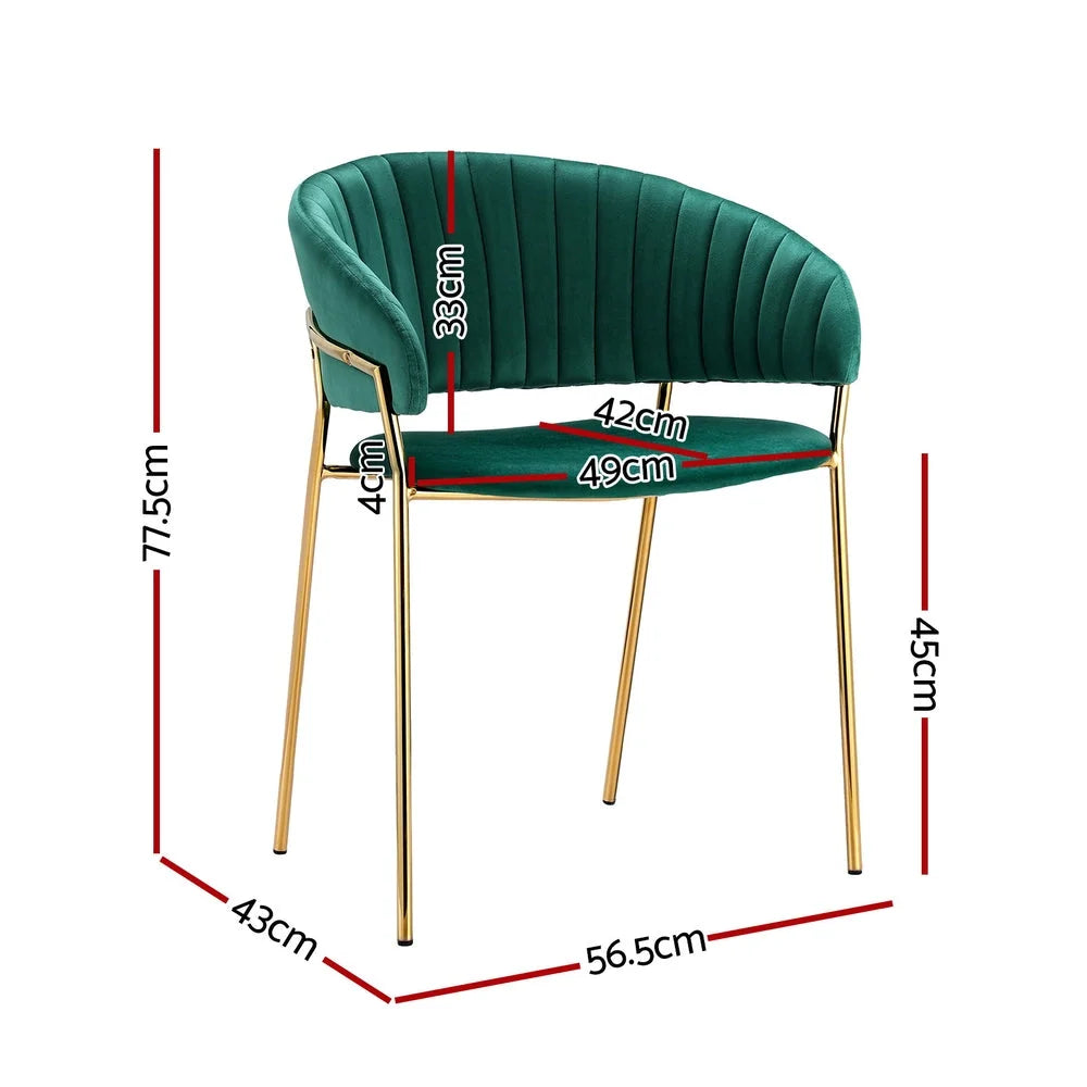 Green velvet dining chair set with shaped seat and supportive backrest