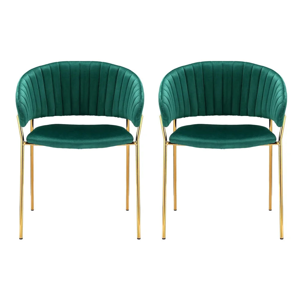 Green velvet dining chair set with woven seat and timber frame