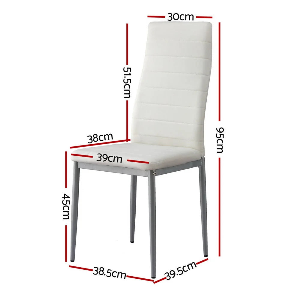 White leather dining chairs set with seat back and support frame