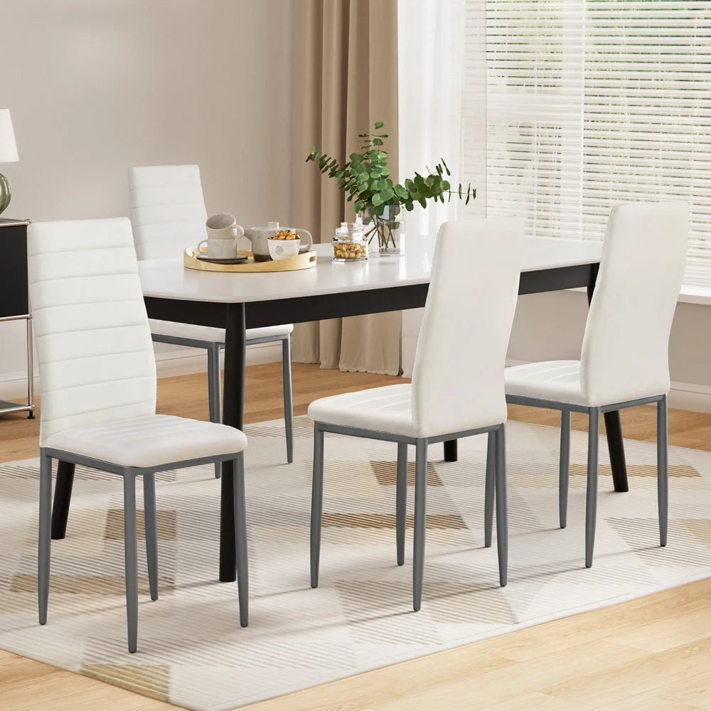 White leather dining chairs set with channel tufted frame kitchen