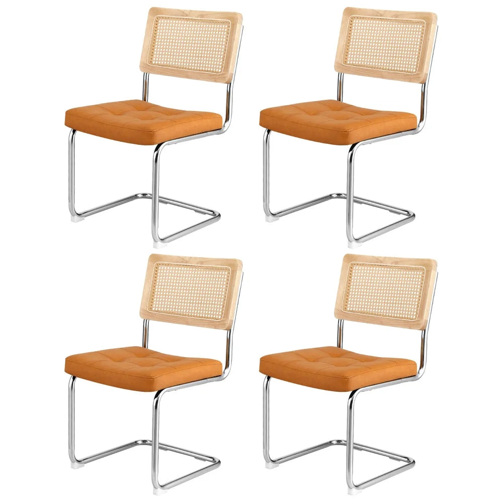 Brown leather rattan 4 dining chairs set with PU cantilever