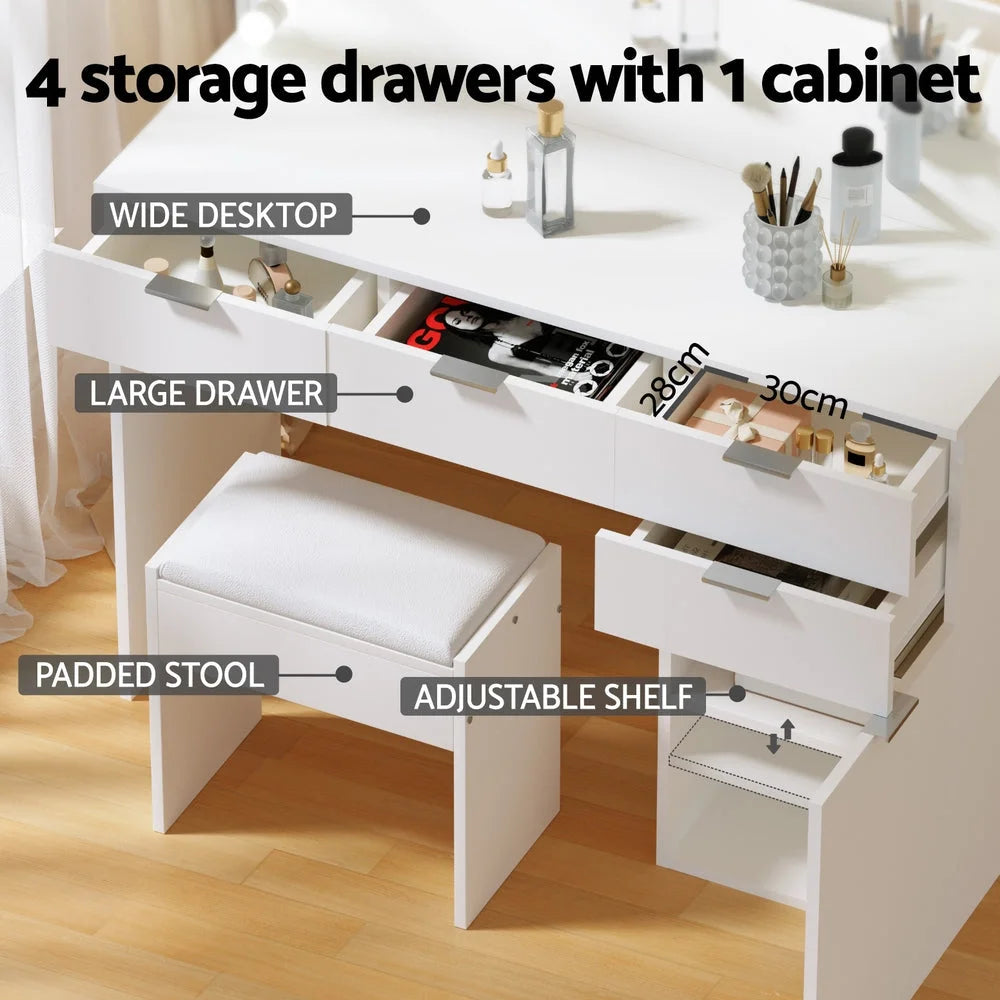 Dressing table stool with pack contents and accessory layout