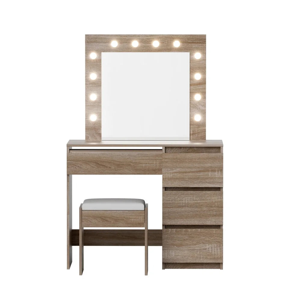Wood dressing table with makeup desk surface and stool seat
