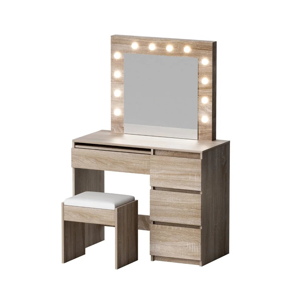 Wood dressing table with LED bulb mirror and drawer handles