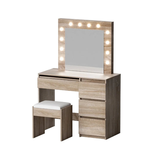 Wood dressing table with LED bulb mirror and drawer handles