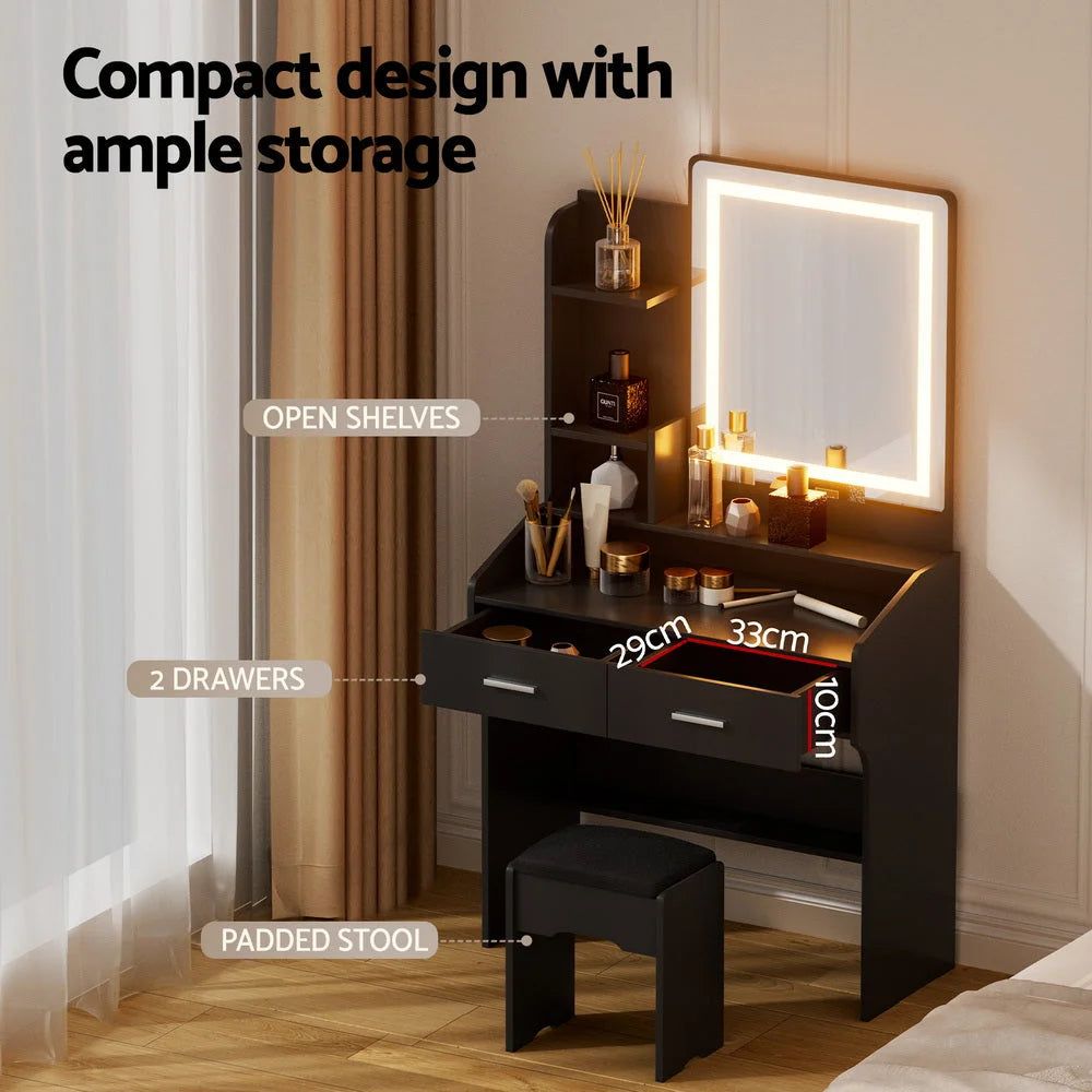 Artiss Dressing Table Set Stool Led Black - Furniture >