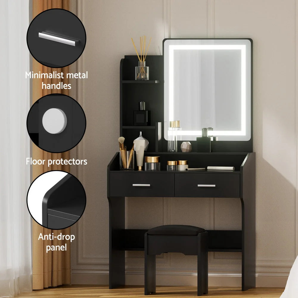Artiss Dressing Table Set Stool Led Black - Furniture >