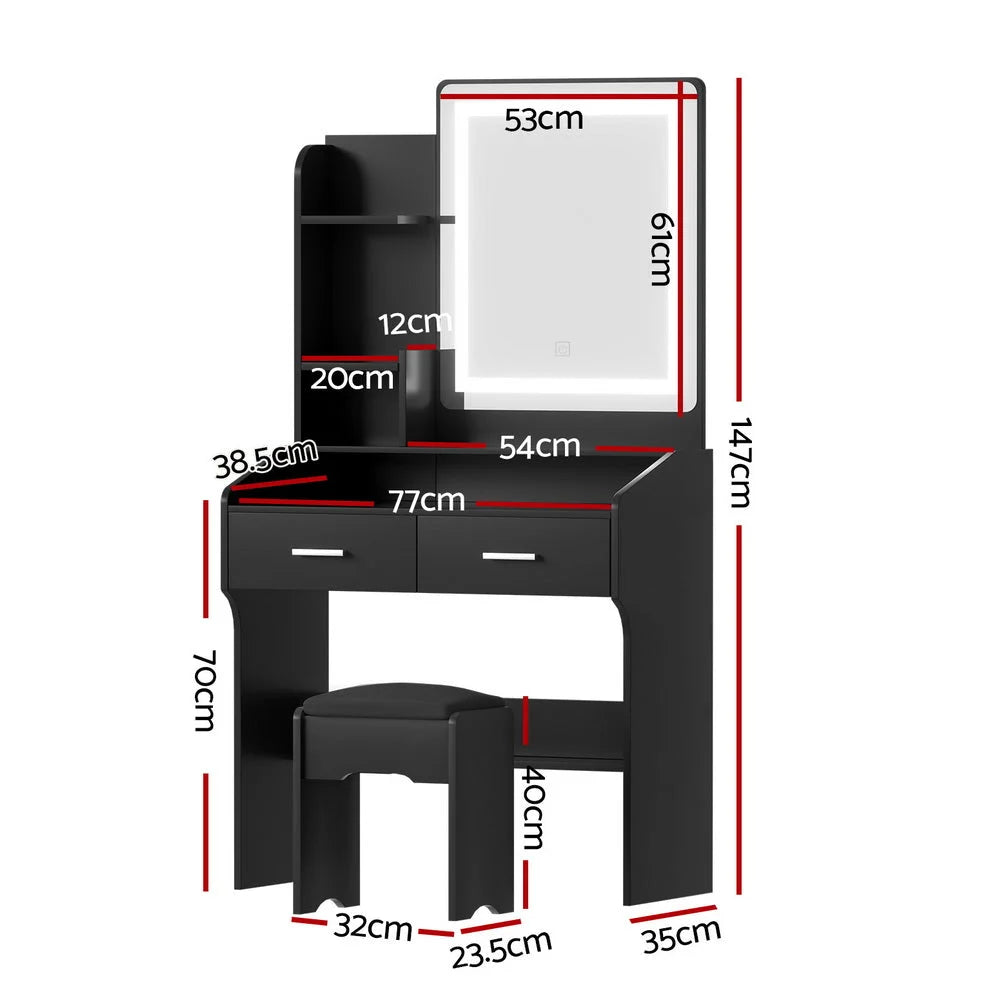 Artiss Dressing Table Set Stool Led Black - Furniture >