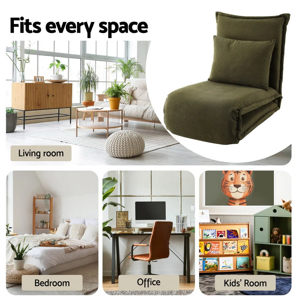 Green floor lounge sofa with useful parts and product scale