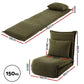 Green floor lounge sofa with component details and storage context